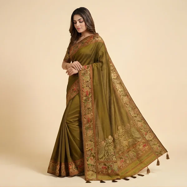 Royal Olive Heritage Pashmina Saree - Image 2