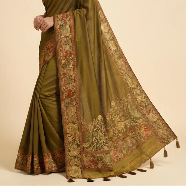 Royal Olive Heritage Pashmina Saree - Image 4