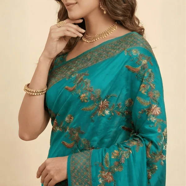Teal Floral Pashmina Saree - Image 3
