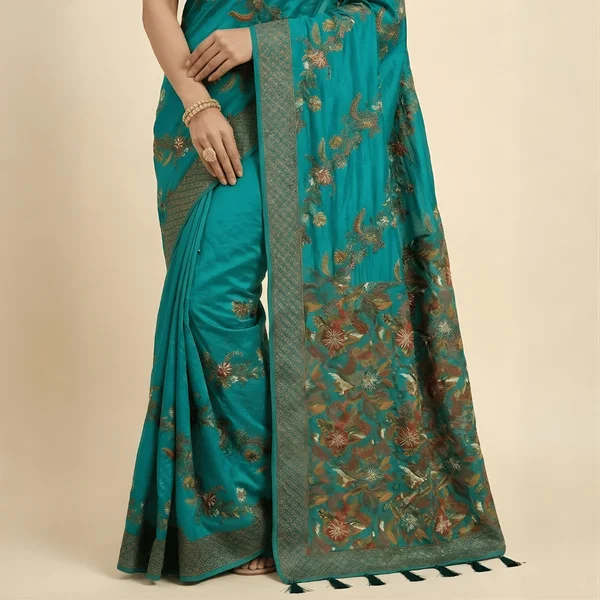 Teal Floral Pashmina Saree - Image 4