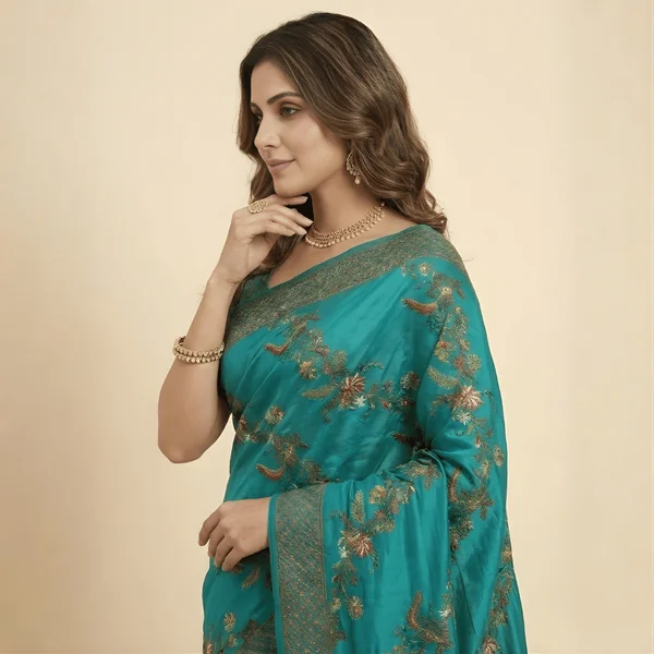 Teal Floral Pashmina Saree - Image 2