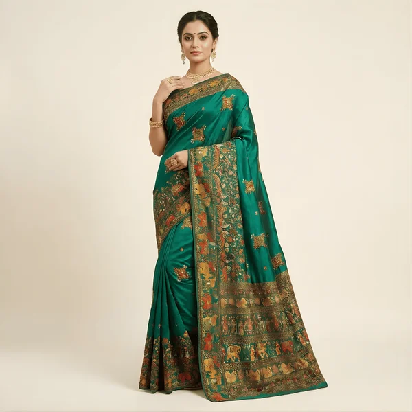 Royal Emerald Heritage Pashmina Saree - Image 1