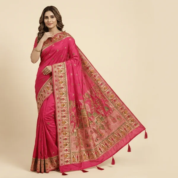 Royal Pink Heritage Pashmina Saree - Image 1