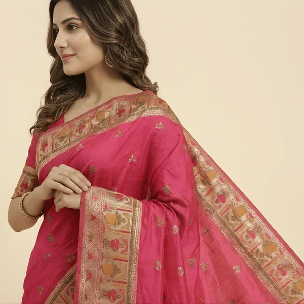 Royal Pink Heritage Pashmina Saree - Image 3