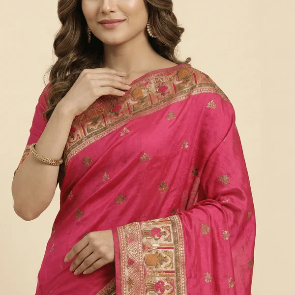 Royal Pink Heritage Pashmina Saree - Image 2
