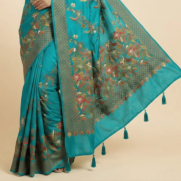 Turquoise Floral Heritage Pashmina Saree - Image 2