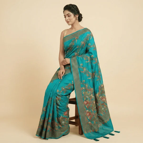Turquoise Floral Heritage Pashmina Saree - Image 3