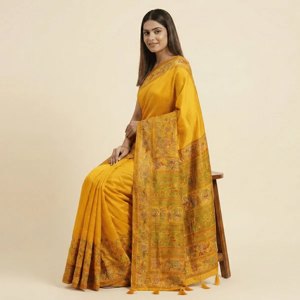 Golden Yellow Heritage Pashmina Saree - Image 3