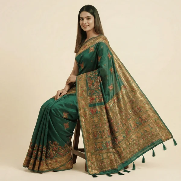 Royal Forest Green Heritage Pashmina Saree - Image 3