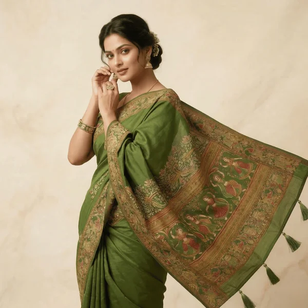 Olive Green Classic Heritage Pashmina Saree - Image 2