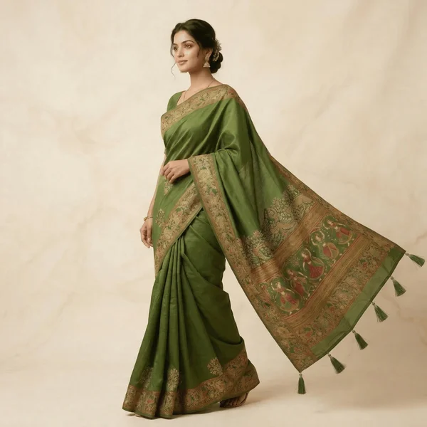 Olive Green Classic Heritage Pashmina Saree - Image 3