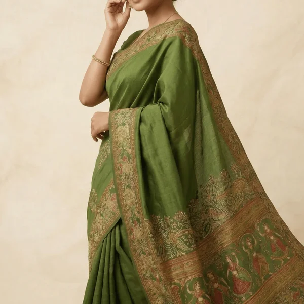 Olive Green Classic Heritage Pashmina Saree - Image 4
