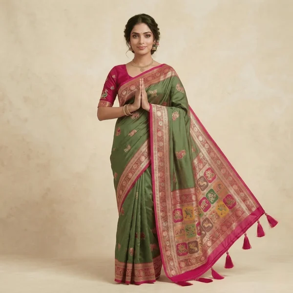 Olive Green Pink Border Heritage Pashmina Saree - Image 1