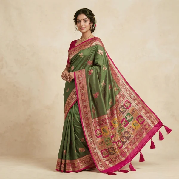 Olive Green Pink Border Heritage Pashmina Saree - Image 3
