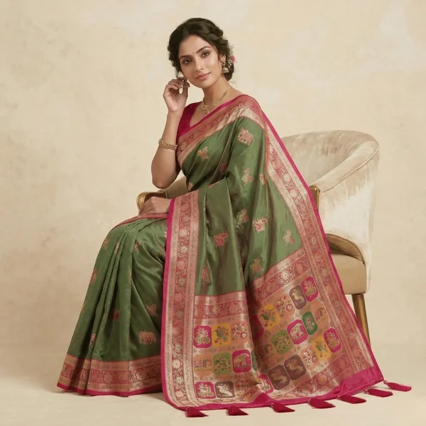 Olive Green Pink Border Heritage Pashmina Saree - Image 2