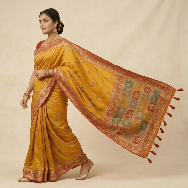 Mustard Yellow Red Border Heritage Pashmina Saree - Image 3