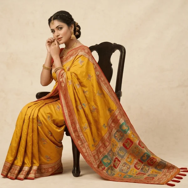 Mustard Yellow Red Border Heritage Pashmina Saree - Image 2
