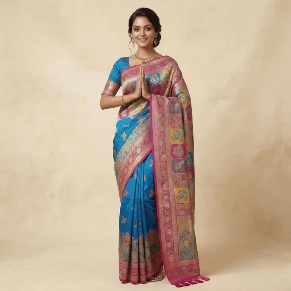 Royal Blue Pink Border Heritage Pashmina Saree - Image 1