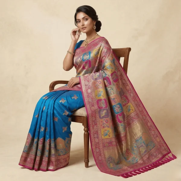 Royal Blue Pink Border Heritage Pashmina Saree - Image 2