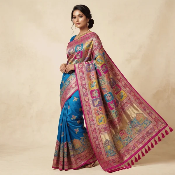 Royal Blue Pink Border Heritage Pashmina Saree - Image 3