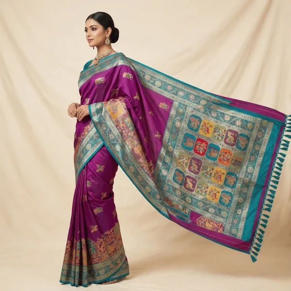 Royal Purple Teal Border Heritage Pashmina Saree - Image 3