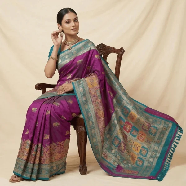 Royal Purple Teal Border Heritage Pashmina Saree - Image 2
