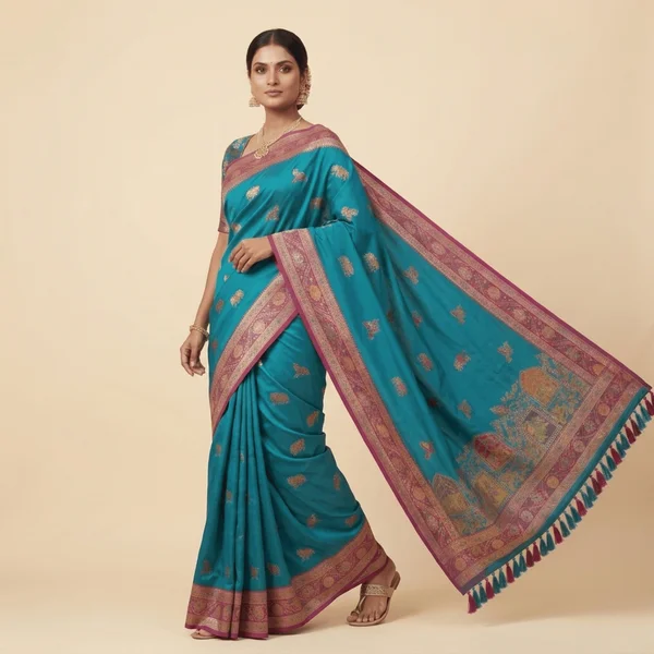 Teal Pink Border Classic Pashmina Saree - Image 3