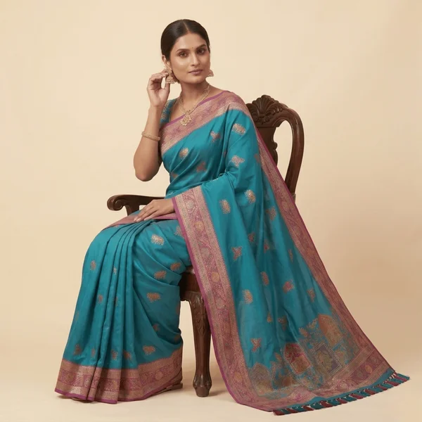 Teal Pink Border Classic Pashmina Saree - Image 2
