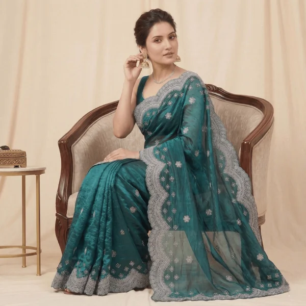 Bollywood Style Teal Green Fancy Saree with Silver Lace Border - Image 2