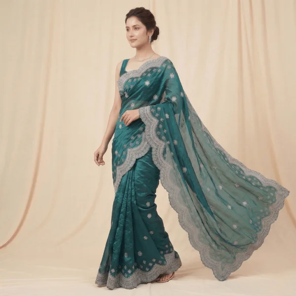 Bollywood Style Teal Green Fancy Saree with Silver Lace Border - Image 3