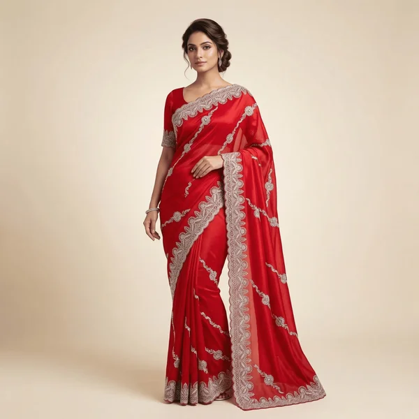 Bollywood Style Red Fancy Saree with Silver Designer Border - Image 3