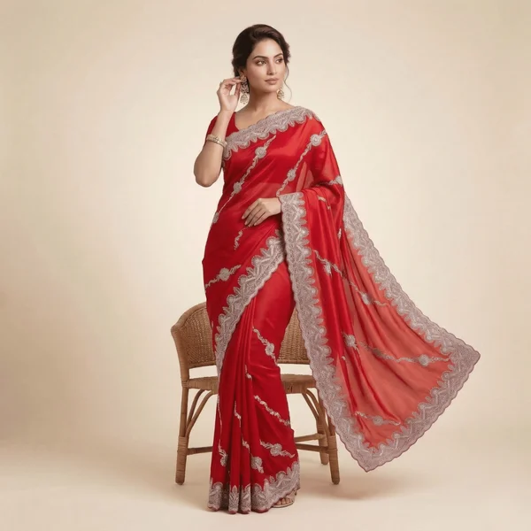 Bollywood Style Red Fancy Saree with Silver Designer Border - Image 2