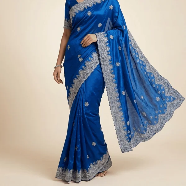 Bollywood Style Royal Blue Fancy Saree with Silver Designer Border - Image 3