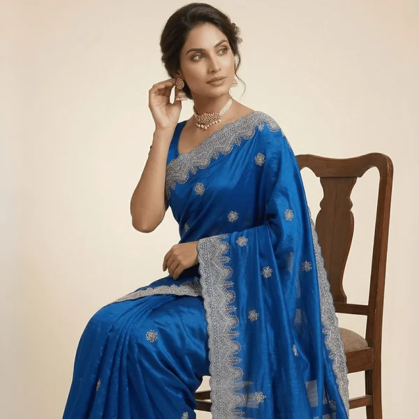 Bollywood Style Royal Blue Fancy Saree with Silver Designer Border - Image 2
