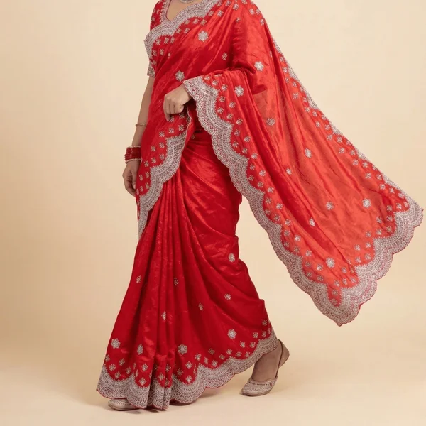 Bollywood Style Bright Red Fancy Saree with Silver Lace Border - Image 4