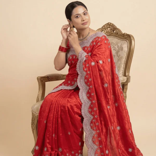 Bollywood Style Bright Red Fancy Saree with Silver Lace Border - Image 3