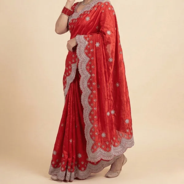 Bollywood Style Bright Red Fancy Saree with Silver Lace Border - Image 2