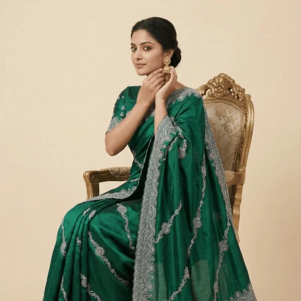 Bollywood Style Emerald Green Fancy Saree with Silver Lace Border - Image 2