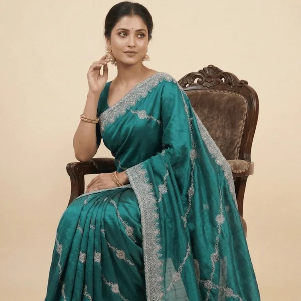 Bollywood Style Teal Green Fancy Saree with Silver Designer Border - Image 2