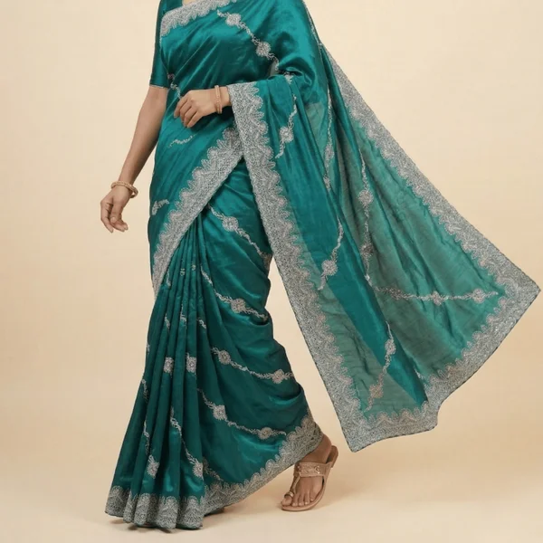 Bollywood Style Teal Green Fancy Saree with Silver Designer Border - Image 3