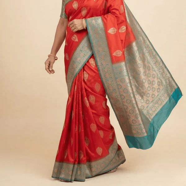 Red Banarasi Style Silk Saree with Teal Zari Border - Image 3