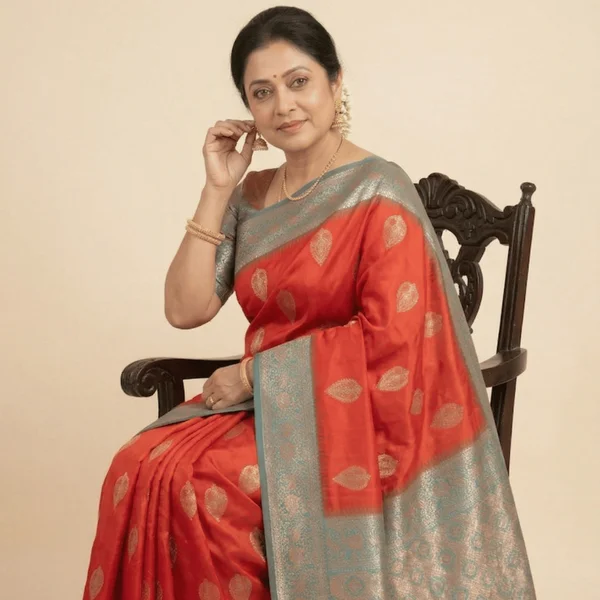 Red Banarasi Style Silk Saree with Teal Zari Border - Image 2