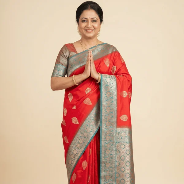 Red Banarasi Style Silk Saree with Teal Zari Border - Image 1