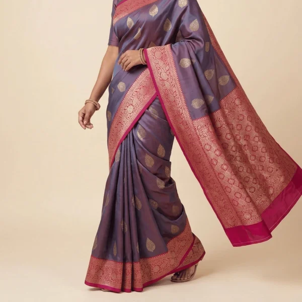 Purple Banarasi Style Silk Saree with Pink Zari Border - Image 3