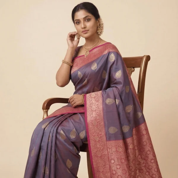 Purple Banarasi Style Silk Saree with Pink Zari Border - Image 2