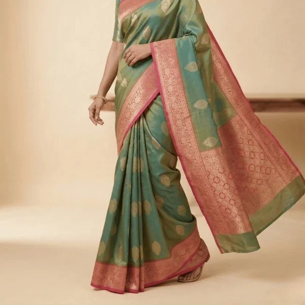 Sea Green Banarasi Style Silk Saree with Pink Zari Border - Image 3