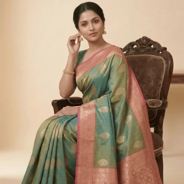 Sea Green Banarasi Style Silk Saree with Pink Zari Border - Image 2