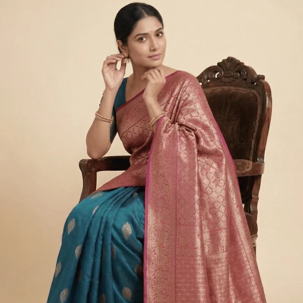 Teal Blue Banarasi Silk Saree with Heavy Pink Zari Pallu - Image 2