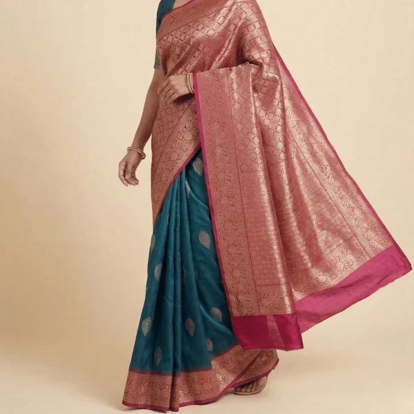 Teal Blue Banarasi Silk Saree with Heavy Pink Zari Pallu - Image 3
