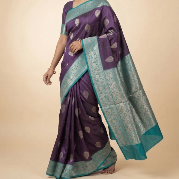 Royal Purple Banarasi Silk Saree with Teal Zari Border - Image 3